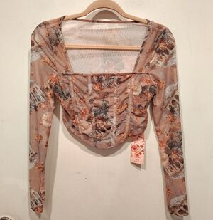 Shein MOD NWT Retro Cherub Floral Mesh Square Neck Round Hem Corset Crop Top S